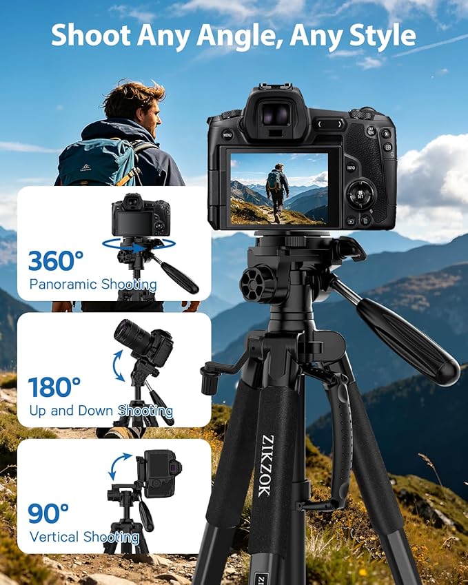 75" Camera Tripod, Aluminum Heavy Duty Camera Stand for ipad Phone, Travel Tripod with/Carry Bag/Phone Tablet Holder, Compatible with Canon Nikon Sony DSLR, Spotting Scopes, Max Load 15 Lb(Black) - Image 7