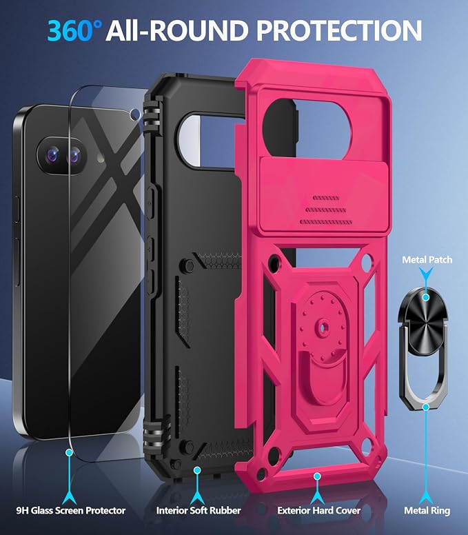 Taisairu for Google Pixel 9A Case with Screen Protector & Slide Camera Lens Cover,Built-in 360°Rotate Magnetic Ring Stand Shockproof Protective Phone Case for Google Pixel 9A Case(Hot Pink) - Image 2