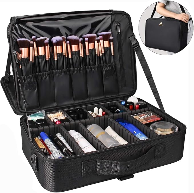 Relavel Travel Makeup Train Case Cosmetic Case Organizer Portable Artist Storage Bag with Adjustable Dividers for Cosmetics Makeup Brushes Toiletry Jewelry Digital Accessories - Image 2