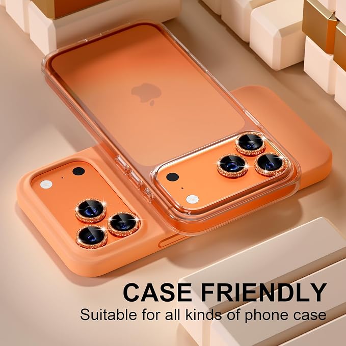 Misea Camera Lens Protector for iPhone 17 Pro Max/17 Pro, Orange Glitter | Bling Upgraded Look, 9H Tempered Glass Individual Metal Camera Cover, Anti-Scratch, for iPhone 17/16/15/14 Pro Max/Pro - Image 5