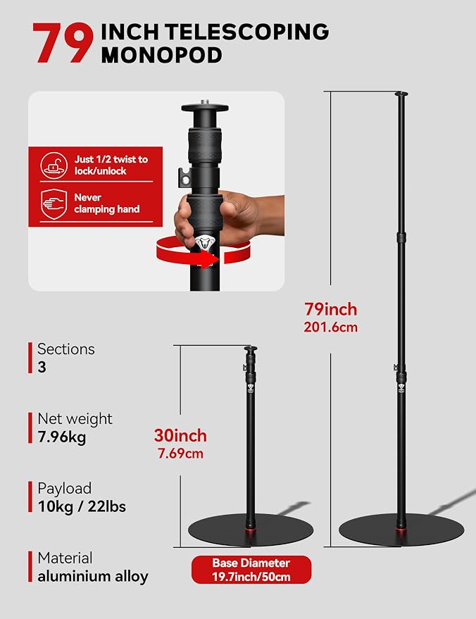 iFootage RB-A500 Heavy Duty Round Base Light Stand 79" Monopod | Telescoping Monopod with 22lbs/10kg Load Capacity, Space-Saving Tripod Alternative for Camera Video Light LED Panel Streaming - Image 6