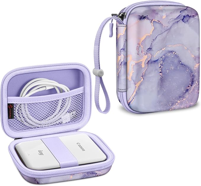FINTIE Protective Case for Canon Ivy 2 Mini, CLIQ2 & CLIQ+2 Photo Printer | Shockproof Hard Shell Carrying Case, With Wrist Strap, Pocket Camera Storage, Charger Cable Organizer, Lilac Marble by Fintie