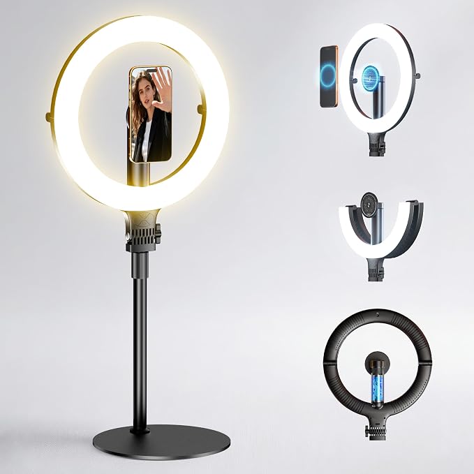 NiceVeedi 10.2” Magnetic Desk Ring Light with Stand, 5000mAh Rechargeable Desktop Ring Light for Phone，3 Color Foldable Selfie Light for Live Stream/Makeup/TikTok/YouTube/Photography/Zoom/Vlogging by NiceVeediOfficial
