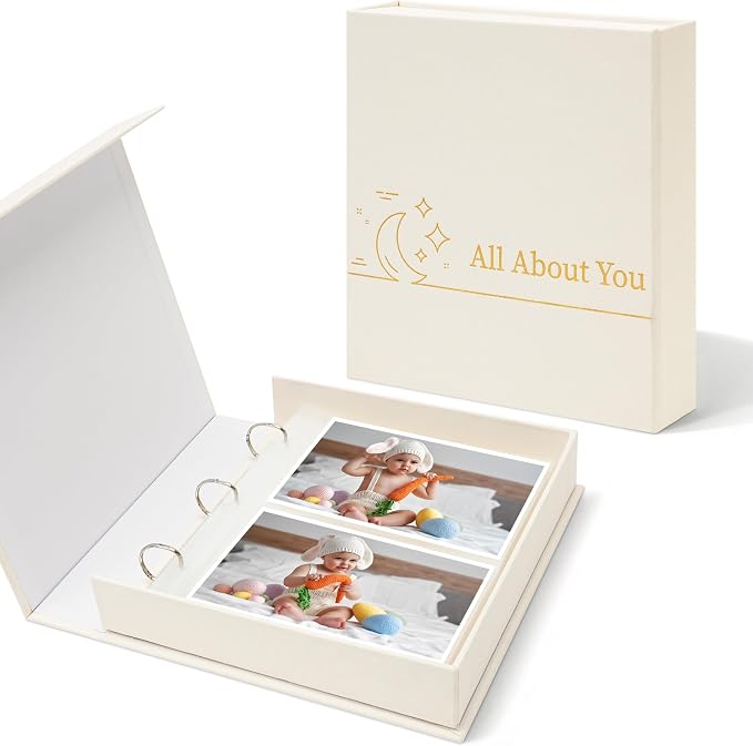 4x6 Photo Storage Box with 3-Ring Slip-In Binder Album, Linen Organizer with Gold Foil Cover, Holds 210 Photos for Travel, Wedding & Memory Keeping, Beige by Hiwhy