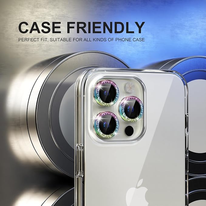 Choiche for iPhone 15 Pro/iPhone 15 Pro Max Camera Lens Protector | Ultra HD, Bling 9H Tempered Glass Camera Cover Screen Protector Metal Ring Decoration Accessories (Glitter-Colorful) - Image 4