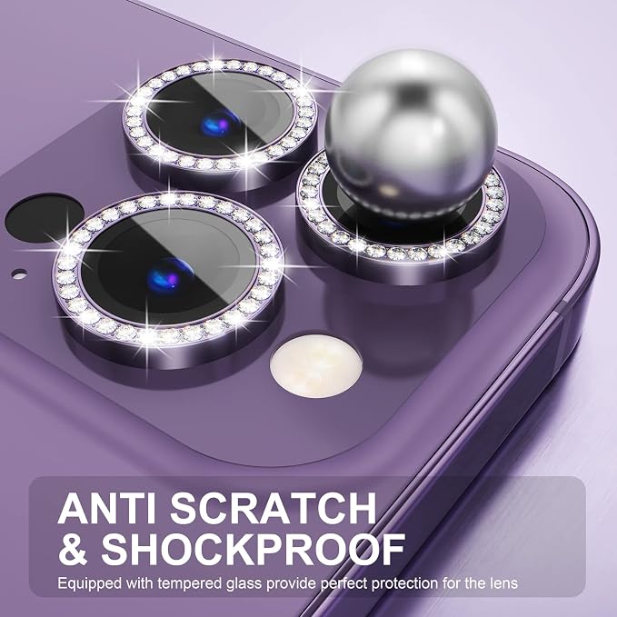 Choiche for iPhone 14 Pro/iPhone 14 Pro Max Camera Lens Protector | Ultra HD, Bling 9H Tempered Glass Camera Cover Screen Protector Metal Ring Decoration Accessories (Diamond-Purple) - Image 3