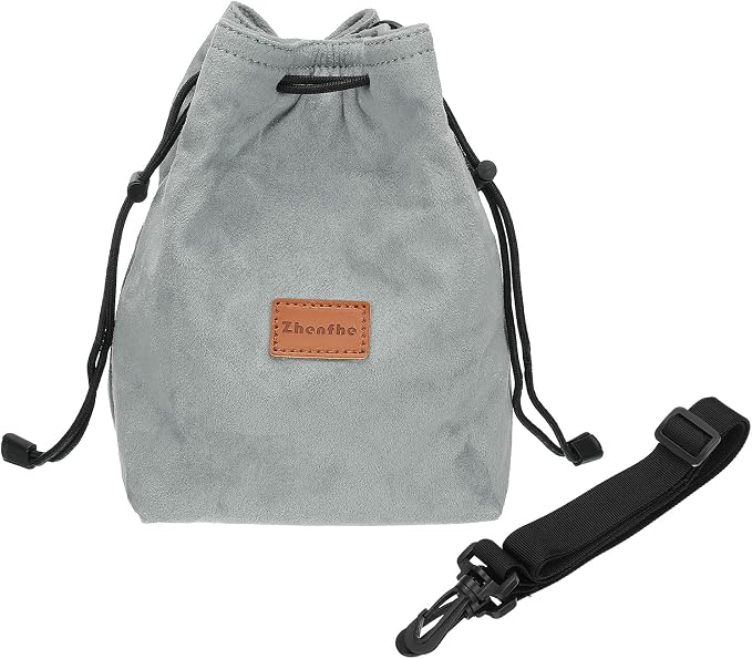 PATIKIL Camera Lens Pouch, S Size Drawstring Lens Case Flannel Camera Lens Handbag Camera Bag with Adjustable Shoulder Strap for DSLR Camera Lens, Grey by PATIKIL