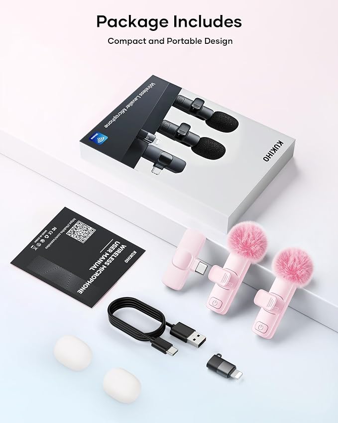 Wireless Lavalier Microphone for iPhone iPad and Android Phone, 2 Pack Lapel Mic Plug and Play Wireless Mic Noise Reduction Microphone for Video Recording Interview Podcast Vlog YouTube Tiktok (Pink) - Image 9