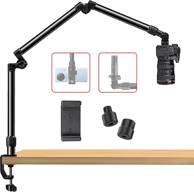 Overhead Camera Mount Desk Stand, Bearing 18lb, Base& Top 360° Adjustable, with 1/4“ 3/8" 5/8" Screw, 3-Section Flexible Articulating Metal Arm for DSLR Camera/Webcam | with 1/4“ 3/8" 5/8" Screw, 3-Section Flexible Articulating Metal Arm for DSLR Camer... by DNSbabi