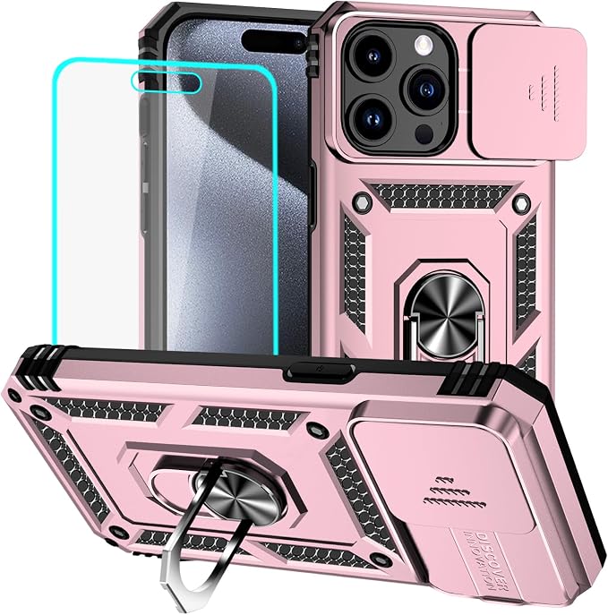 HNHYGETE for iPhone 15 Pro Case with HD Screen Protector: [Military Grade 20ft. Drop Tested] Ring Shockproof Protective Phone Case for - iPhone 15 Pro (Rose Gold) by HNHYGETE