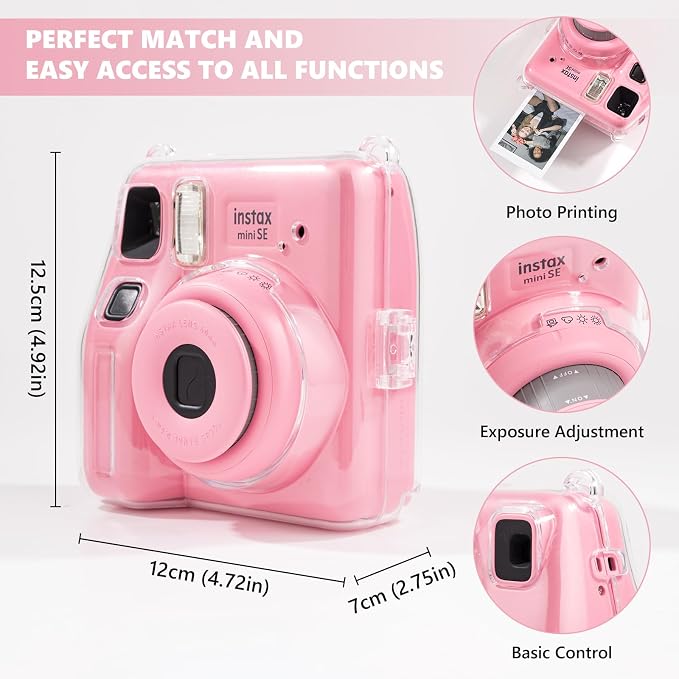 Fuji Mini SE Clear Case, Hard PC Protective Case for Instax Mini SE Instant Camera with Cute Cartoon Sticker & Adjustable Shoulder Strap - Pink Hey Cat - Image 4