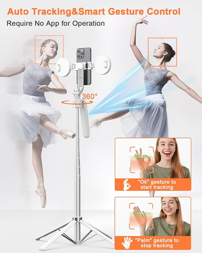 Yeaki 71” Auto Face Tracking Tripod for iPhone with Light,360° Rotating Phone Stand with Rechargeable Remote Control for TikTok Vlog, Phone Tripod for Android Camera/GoPro/Ring Light (White) - Image 2