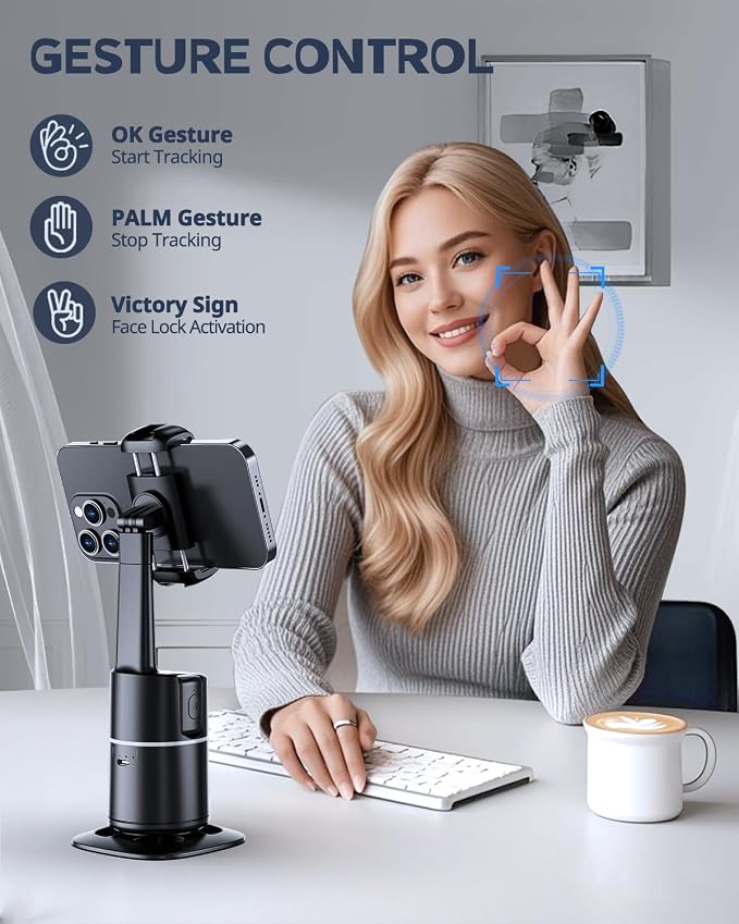 UBeesize Auto Face Tracking Tripod with Adjustable Desk Tripod, 360° Rotating vlogging kit for iPhone with Remote & Gesture Control, Rechargeable Selfie Fill Light, No App Required - Image 3