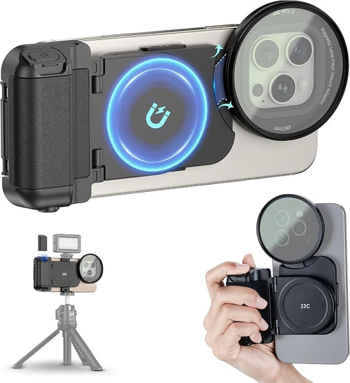 (1+1) 67mm Magnetic iPhone Lens Filter Mount + iPhone Snap Grip Set | Magnetic Filter Adapter for iPhone 16 15 14 Pro/Pro Max Plus w Cold Shoe & 1/4" Hole Pull-Out to Fit Pro Max Plus (No Filters by JJC