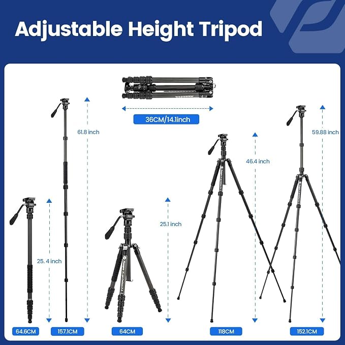 Fotopro 59" Carbon Fiber Travel Tripod, Compact Video Tripods with Fluid Head, Detachable Monopod with Quick Release Plate and Bag, Camera Tripod Load up to 8KG/17.63lbs - Image 4
