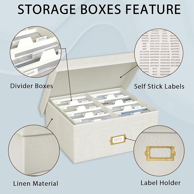 Decorative Photo Storage Box, 2 Pack Linen Photo Box Hold 1700 4x6 Pictures | Photo Storage Containers with 8 Dividers, Memory Keepsake Organizer for Photos, Scrapbook Supplies, Cards, Stamps, Beige - Image 3
