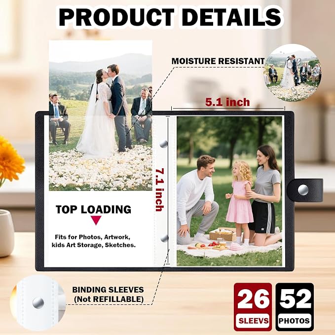 2 Pack Small Photo Albums 5x7 Pictures, 104 Photos Total, Black | Leather Cover, Buckle Design, Acid-Free Pages, Top-Loading Pockets, Compact Carry, Photos Postcards & Artwork - Image 3