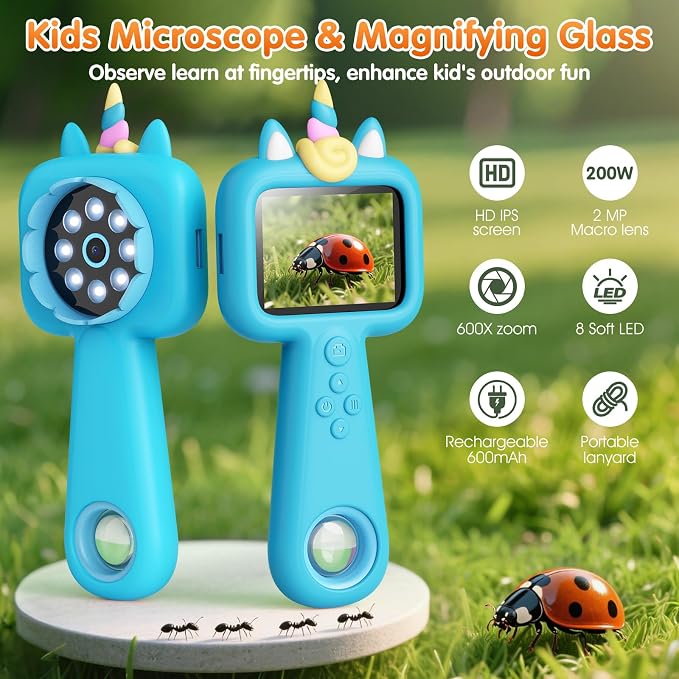 Kids Microscope, 2.4" Screen Handheld Digital Microscope 600X with 4K Camera & 8 LED Lights, Portable Pocket Microscope for Bugs Plants Nature Exploration, STEM Science Toy Gift Ages 3-12（Blue） - Image 4