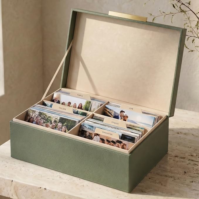 Decorative Photo Storage Box - PU Leather Organizer for 1200 4x6 Photos | Sturdy Scrapbook Storage Containers with Dividers and Lid - Portable Box Safely Stores Your Pictures - Image 9