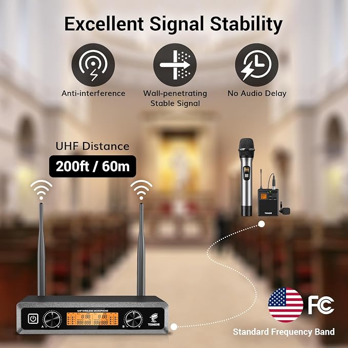 TONOR Wireless Microphones System with Metal 1 Cordless Mic and 1 Headset/Lapel/Lavalier Mic, Bodypack Transmitter, Receiver for Karaoke Church Singing Party PA Speaker, 2*15 Channels 60 m/200ft Range - Image 3
