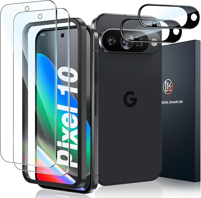 LK 2 Pack for Google Pixel 10 Screen Protector+2 Pack Camera Lens Protector | [New Version] Fingerprint Unlock HD 9H Tempered Glass Cell Phone Laptop Screen for Pixel 10, Anti-Scratch, Bubble Free by LK