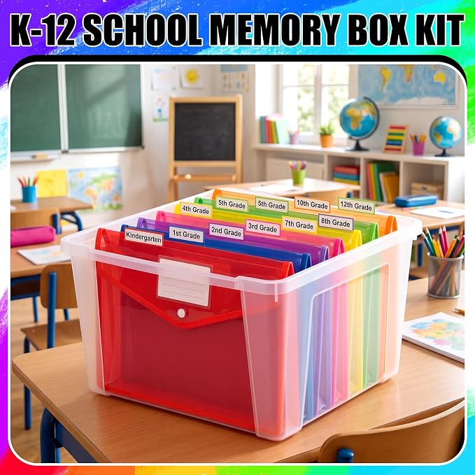 Motipuns 14 Pack K-12 School Memory Box Back to School, Multicolor | Large Capacity Organizer, 16 Questionnaire Cards, Photo Album Keepsake Scrapbook, from Pre to 12th Grade File Picture Folder - Image 4