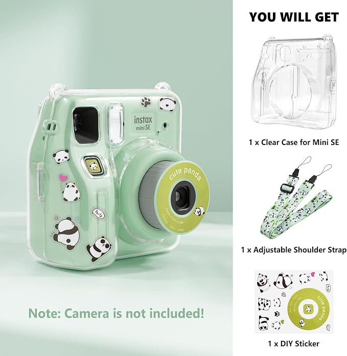 Fuji Mini SE Clear Case, Hard PC Protective Case for Instax Mini SE Instant Camera with Cute Cartoon Sticker & Adjustable Shoulder Strap - Green Lovely Panda - Image 7