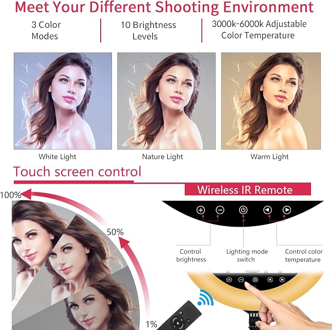 21 inch LED Ring Light with Tripod Stand, Large Selfie Ring Light with Touch Panel for YouTube Vlog Video Shooting, Makeup Studio Portrait with Carrying Bag and Remote Controller, CRI>97 - Image 2