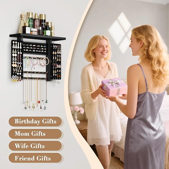 Emfogo Jewelry Organizer Hanging Wall Mounted Jewelry Holder, 5-in-1 Large Capacity Necklace Organizer Wall Display for Ring, Necklaces, Bracelets, Earrings(Black) - Image 8