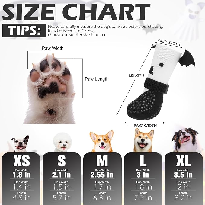 EXPAWLORER Halloween Anti Slip Dog Socks to Prevent Licking Paws, Boots & Paw Protectors with Grippers,Doggie Booties for Hardwood Floors for Small Medium Large Senior Dogs Costume White Ghost Wings S - Image 3