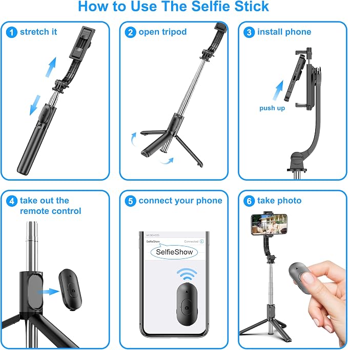 SelfieShow Selfie Stick, Extendable Selfie Stick Tripod with Wireless Remote and Tripod Stand, Portable, Lightweight, Compatible with iPhone 17 16 15 14 13 12 Pro Xs Max/Samsung Smartphone and More - Image 6
