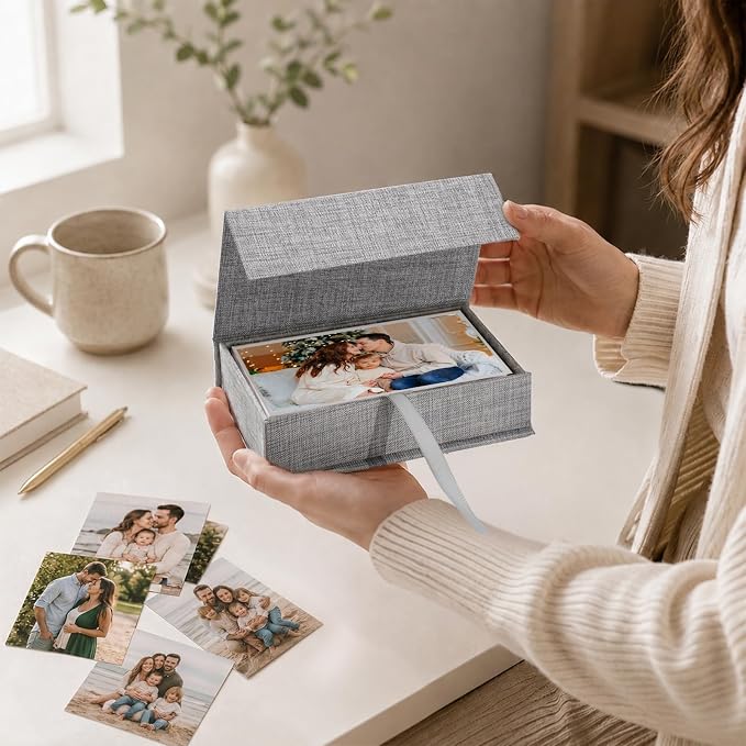 Vienrose Small Photo Storage Box, 4"x6", Linen Postcard Keeper, Gray | 1Pc Sturdy Linen Cover Box for Photos, Postcards & Sticker Storage, Perfect for Home, Office, Craft Room, and Travel - Image 3