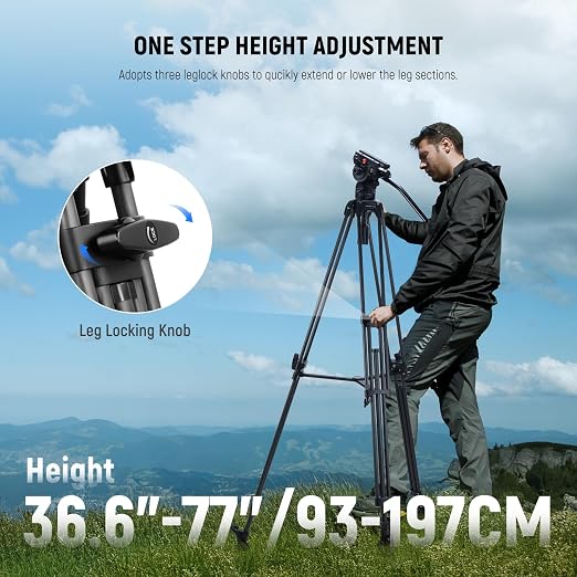 NEEWER LL34 78" Video Camera Tripod One Step Quick Release with Adjustable Damping Fluid Head, Heavy Duty Carbon Fiber Tripod with Dual Mode QR Plate, Max Load 22lb - Image 2