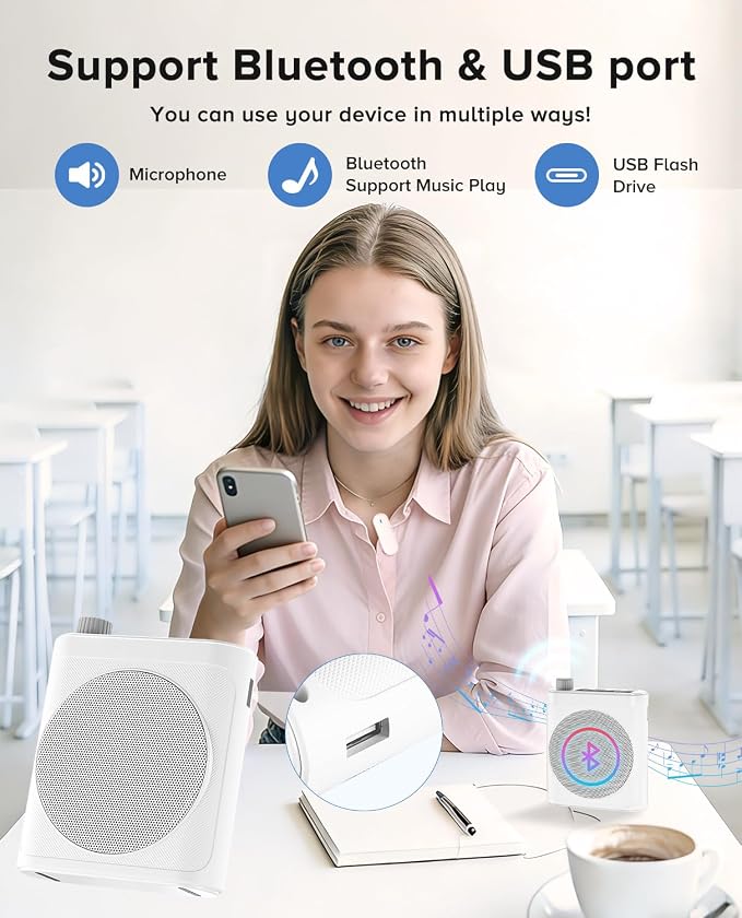 Voice Amplifier for Teachers with 2 Magnetic Lavalier Mics, White | Bluetooth Portable Rechargeable Speaker for Classroom, Meetings, Tour Guide Speeches, Public Speaking, Coaches, PA System - Image 3