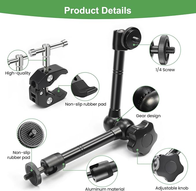 10 inch Articulating Magic Arm with Super Clamp and Wall Mount Base,Friction Arm Mount for LCD Monitor LED Light Camera Rig - Image 5