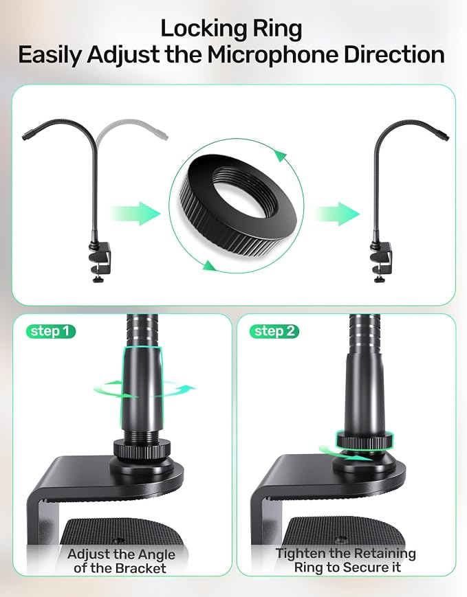 19 Inch Gooseneck Microphone Holder for Podium, 【Heavy-Duty】 2.5 lb Max | Thickened Aluminum Flexible Gooseneck, 2 Mic Holders, 1/4" and 3/8" Adapters, Desk Clamp, Ideal for Gaming, Podcast - Image 7