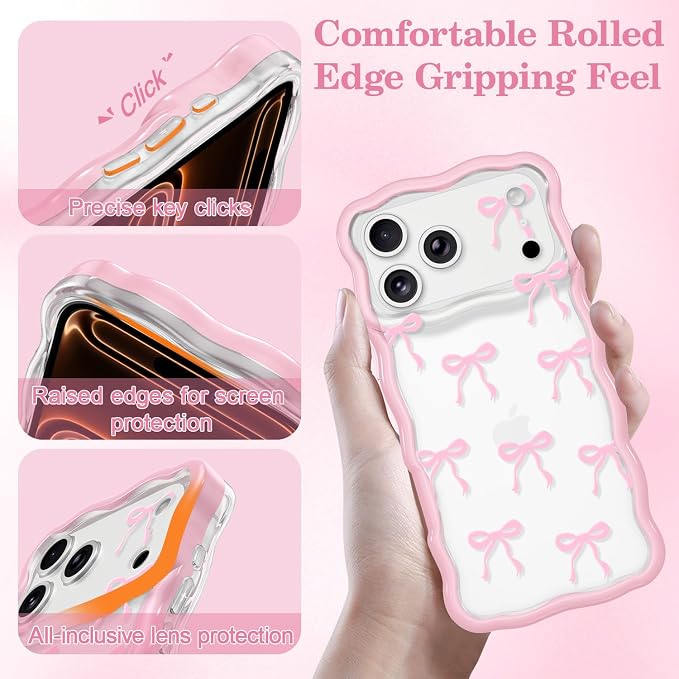 QLTYPRI for iPhone 17 Pro Max Pink Bow Case, Clear Cute Pink Ribbon Bow Phone Case Curly Wavy Aesthetic Phone Cover, Soft Slim Transparent TPU Shockproof Protective Cover for Women Girls - Ribbon Bow - Image 3