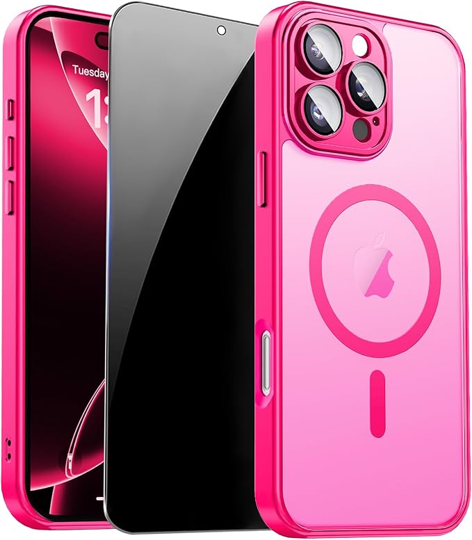 for iPhone 16 Pro Max Case with Privacy Screen Protector, Hot Pink | Full Camera Protection, Matte Magnetic, Compatible with MagSafe, Translucent Shockproof Phone Cover for Women Girls by ZOZDOKG