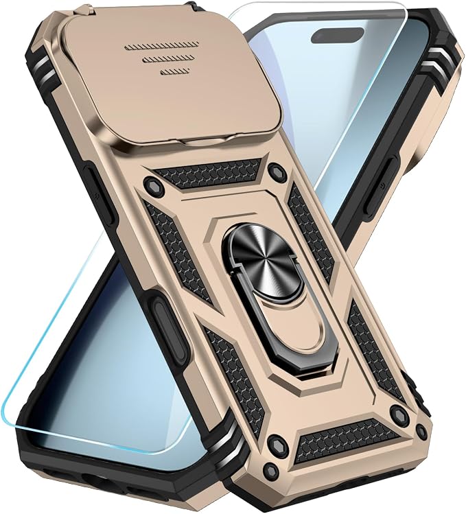 SunStory Phone Case for iPhone 17 Pro Case with HD Screen Protector & Slide Camera Cover & Rotated Ring Kickstand, [Military-Grade] Phone Case for iPhone 17 Pro,Gold by SunStory