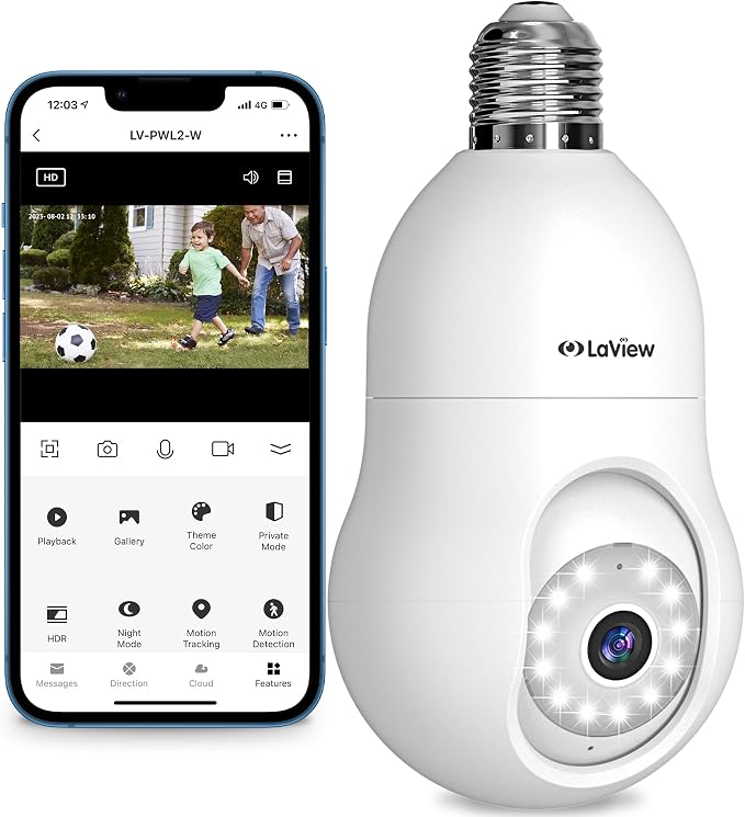 LaView 4MP Bulb Security Camera 2.4GHz,360° 2K Security Cameras Wireless Outdoor Indoor Full Color Day and Night, Motion Detection, Audible Alarm, Easy Installation, Compatible with Alexa by LaView