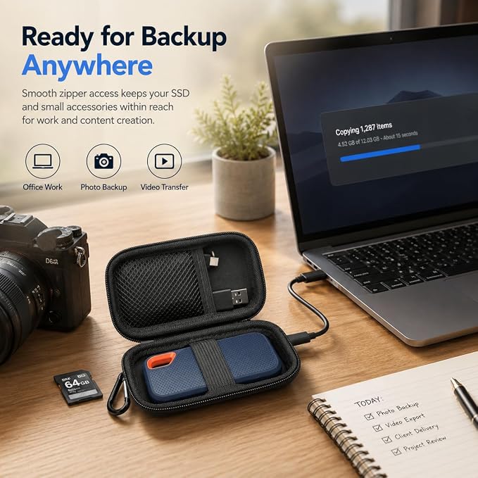 PAIYULE Hard Drive Case for SanDisk Extreme Portable SSD &Extreme PRO SSD | Elastic Strap Secures the SSD, Mesh Pocket Organizes Cables, Carabiner Adds Portability, Case Only(Fullblack, For Sandisk V2) - Image 7