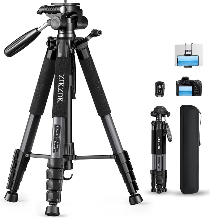 75" Camera Tripod Stand, Heavy Duty with Remote for DSLR iPad iPhone | Aluminum Tripod 20% taller, Foldable 2.9lb, Remote & Carry Bag, 15lb Load, for Sony Canon Nikon Phone Tablet Spotting Scope by ZIKZOK
