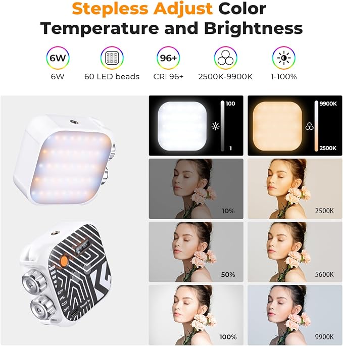 K&F CONCEPT RGB Video Light 21 Light Effects, 2500K-9900K, CRI 96+, White | 360° Full Color Portable Light, Magnetic Rechargeable LED Panel Camera Light with 1/4" Screw Mount for Vlogging, Selfie L01 - Image 4
