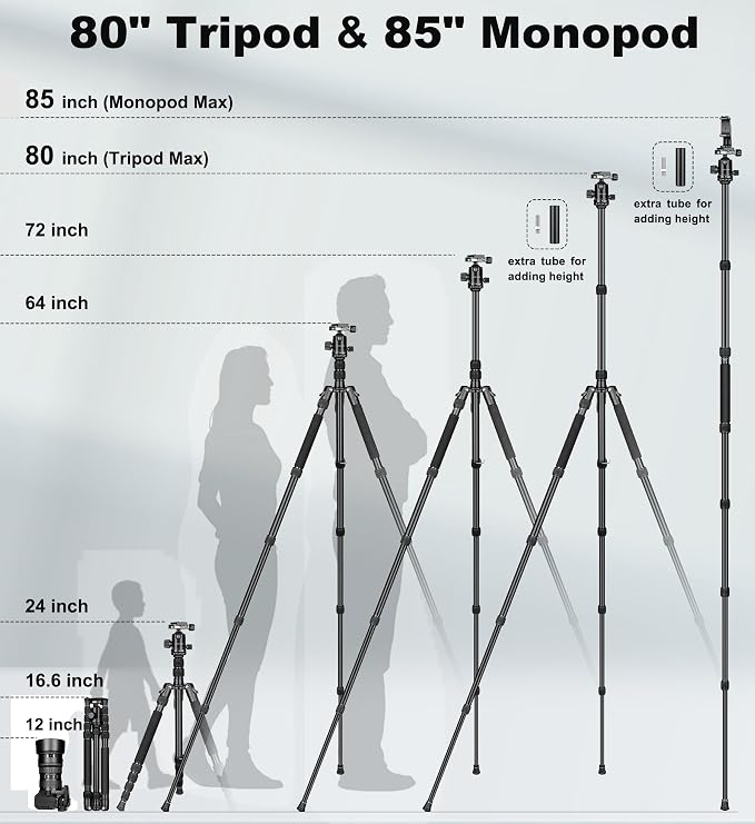 80/85 inches Heavy Duty Tripod for Camera Phone, 85" Camera Tripod Monopod | Tripod Stand for DSLR Binoculars Spotting Scope Camcorders Video, 360 Degree Ball Head, 35 lbs Loads - Image 8