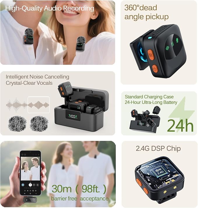 Ai Mini Mic Wireless Lavalier Microphone System (2TX+2RX+Case), Magnetic & Clip-On Microphone for iPhone, Android, Vlogging, Studio-Quality Sound, 48H Battery, Ai Noise Cancelling (Black) - Image 3