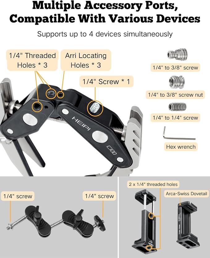 HEIPI C100 Super Clamp & MA137 Magic Arm & Phone Clip, Max Clamping 3.93" | Clamp & stand design. Max clamping 3.93" / 10cm. Dual screw mounts: 1/4"-20 & 3/8"-16. Universal for tripod accessories - Image 6