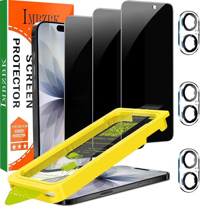 IMBZBK 3 Pack Privacy Screen Protector for iPhone 17, Tempered Glass | 9H+ Hardness, Military Grade Shatterproof, Case Friendly, Bubble Free Auto-Dust Removal, with 3 Camera Lens Protectors by IMBZBK