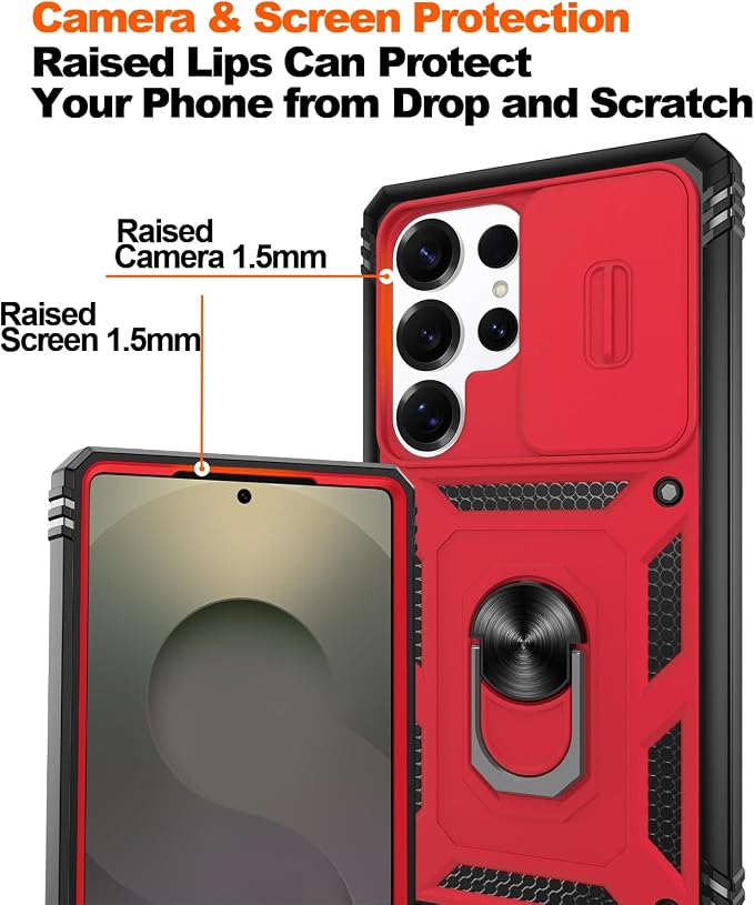 Gritup Fit for Samsung Galaxy S25 Ultra Case with Slide Camera Cover | 2 Pcs Screen Protector, Build in 360° Rotating Ring Kickstand, Military Grade Protective Phone Case, Red+Black - Image 5