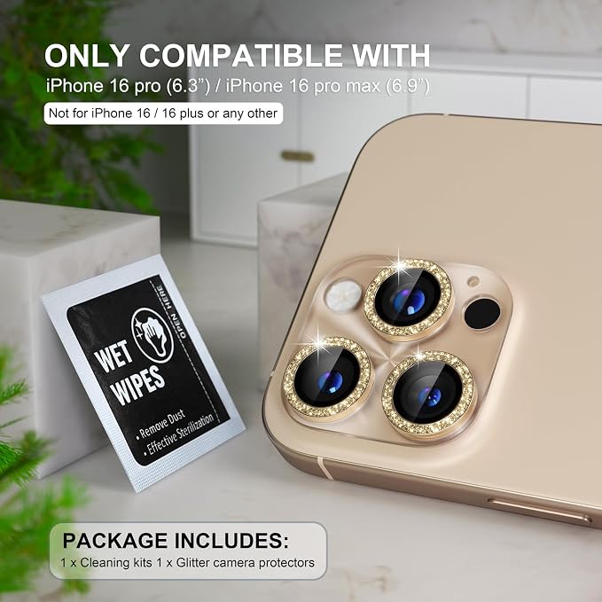 Choiche for iPhone 16 Pro/iPhone 16 Pro Max Camera Lens Protector | Bling Camera Cover with 9H Tempered Glass Lens Screen Protector Metal Ring Decoration Accessories (Clear-Titanium Desert) - Image 2