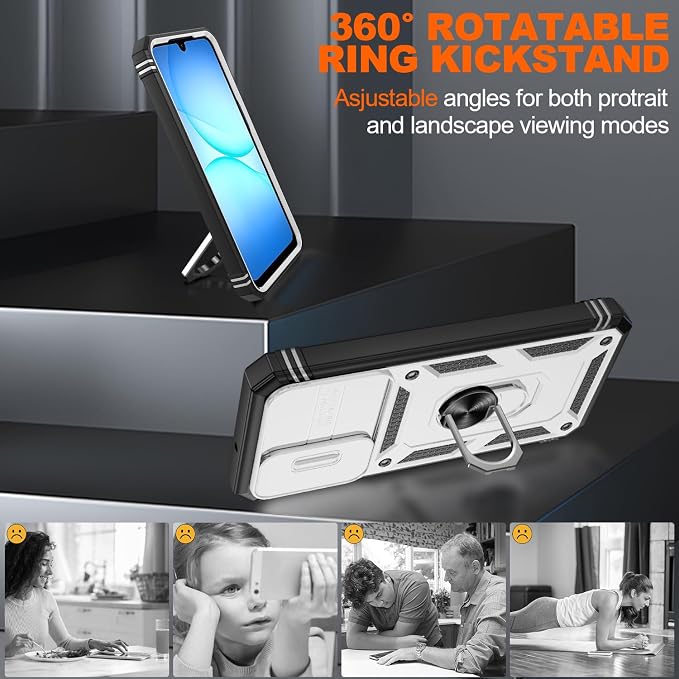 Gritup for Samsung Galaxy A17/A16-5G Phone Case with Camera Cover | 2*Screen Protector & 360° Rotating Ring Kickstand, Military Grade Protective Cover para Galaxy A 17 Phone, White+Black - Image 7